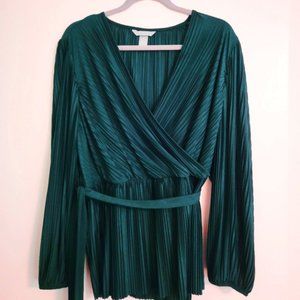 H&M Dark Green Plisse Pleated Wrap Blouse XL